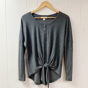 TREASURE & BOND Cozy Boho Ribbed Knit Henley Tie Front Indie Top Small Casual